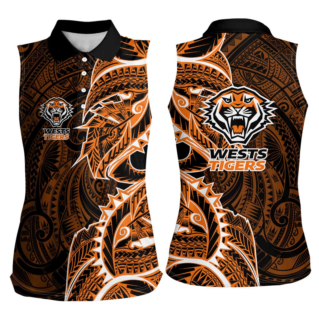Wests Tigers Women Sleeveless Polo Shirt Polynesian Tribal Tattoo Pacific Sport Art