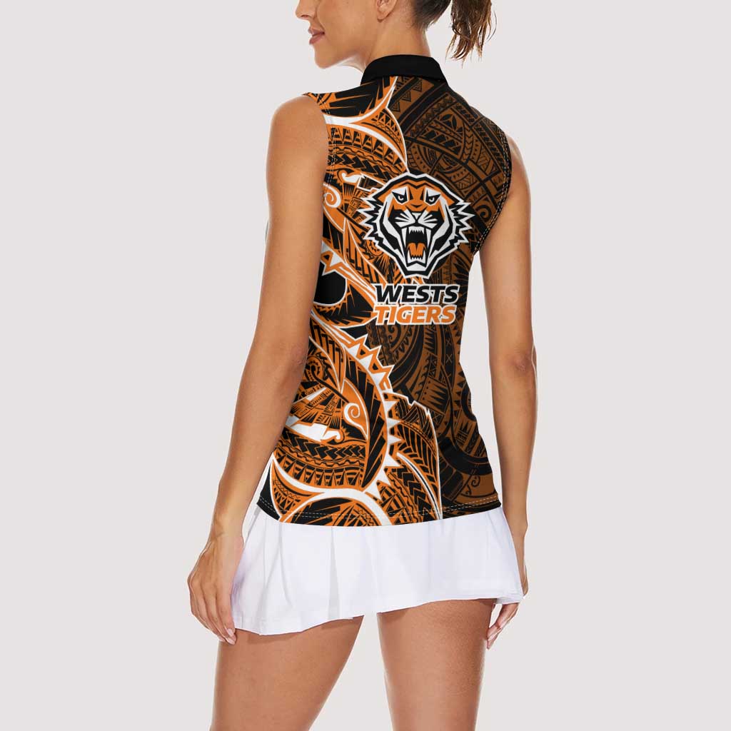 Wests Tigers Women Sleeveless Polo Shirt Polynesian Tribal Tattoo Pacific Sport Art