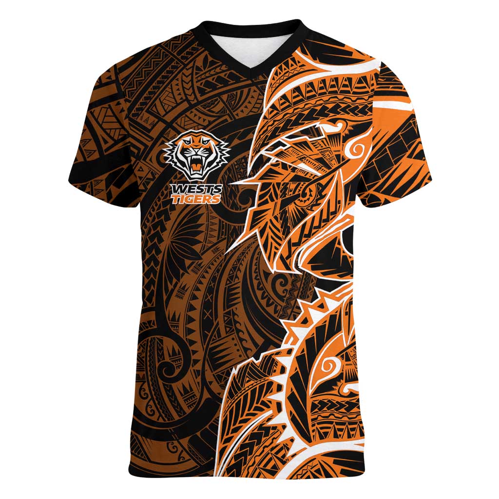 Wests Tigers Women V-Neck T-Shirt Polynesian Tribal Tattoo Pacific Sport Art