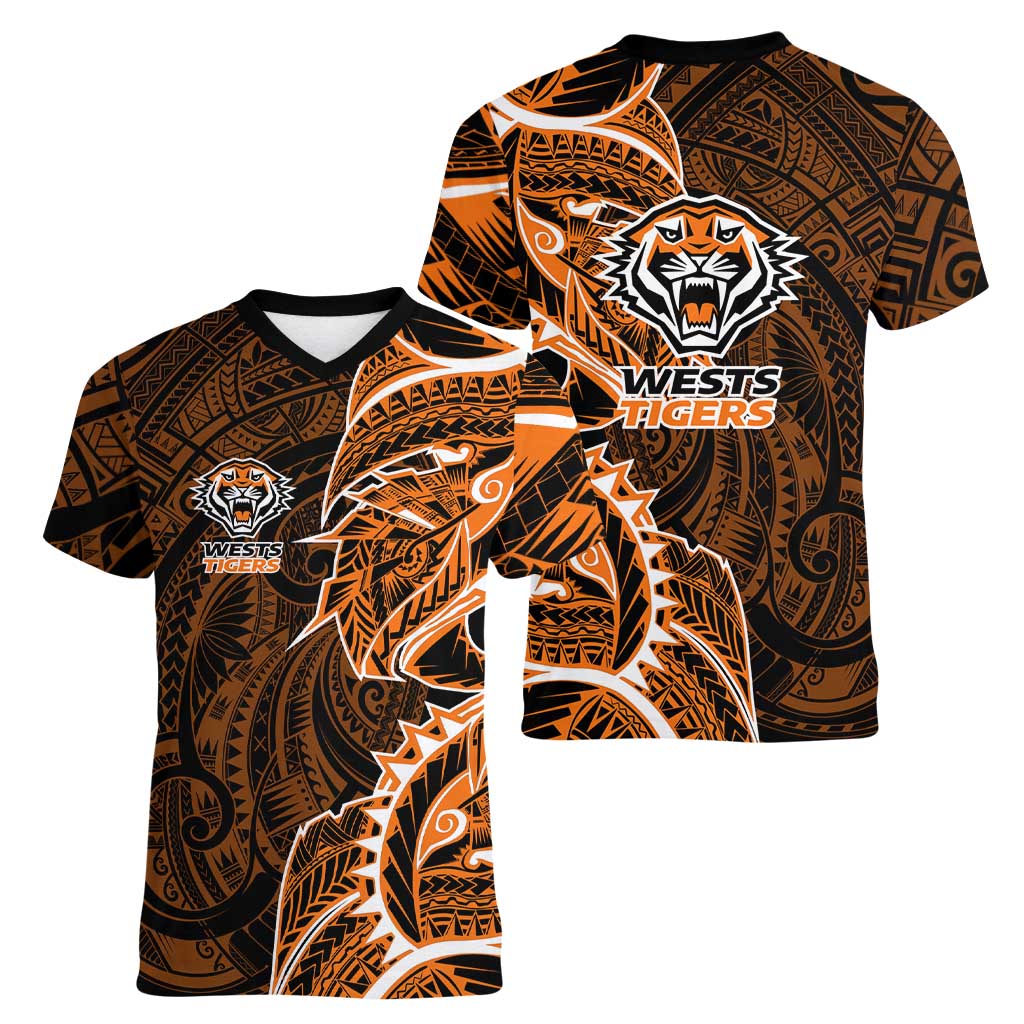Wests Tigers Women V-Neck T-Shirt Polynesian Tribal Tattoo Pacific Sport Art