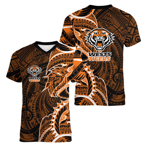 Wests Tigers Women V-Neck T-Shirt Polynesian Tribal Tattoo Pacific Sport Art