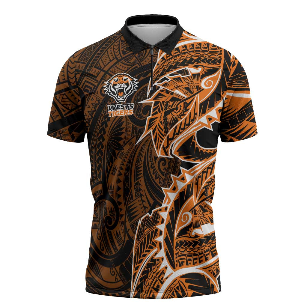 Wests Tigers Zipper Polo Shirt Polynesian Tribal Tattoo Pacific Sport Art