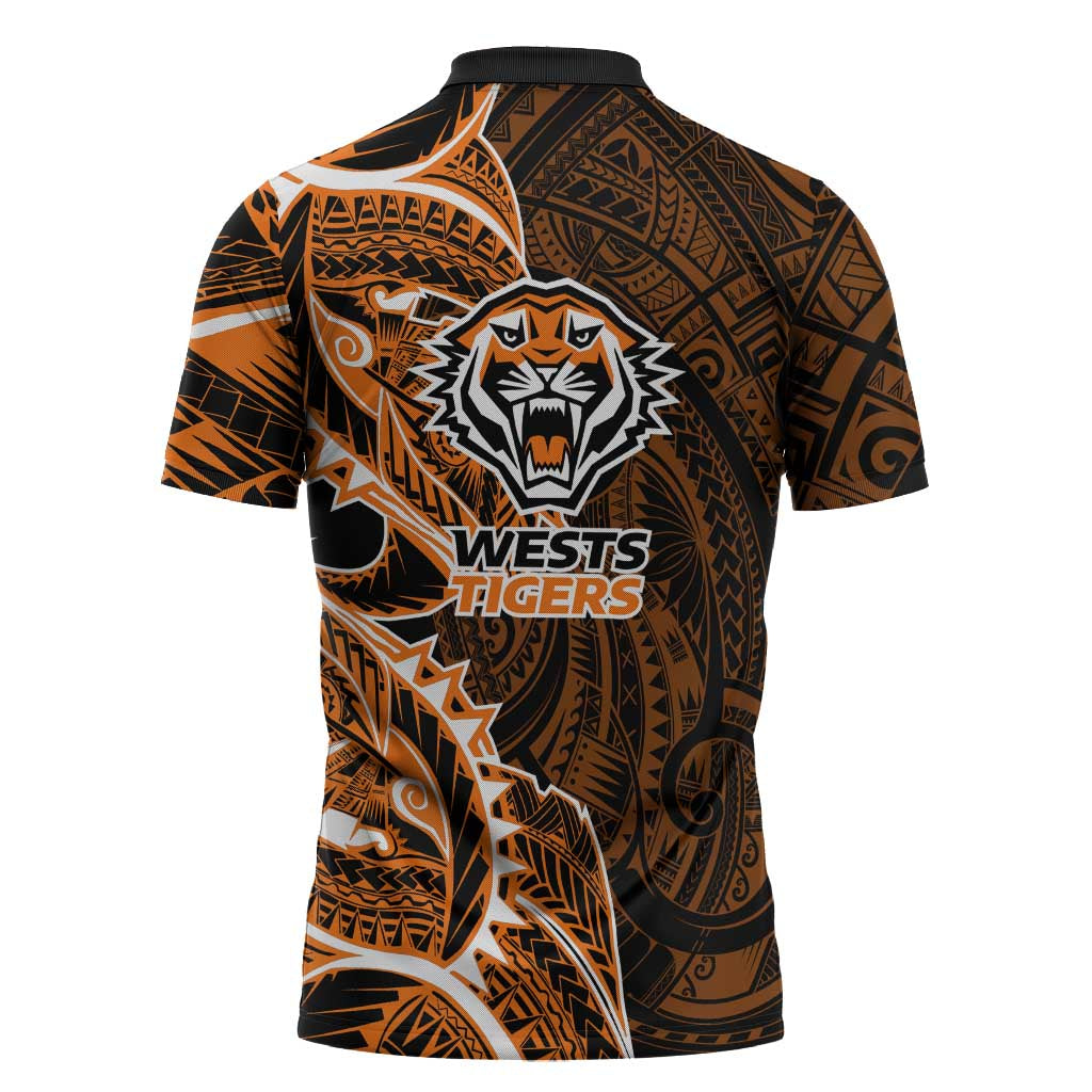 Wests Tigers Zipper Polo Shirt Polynesian Tribal Tattoo Pacific Sport Art