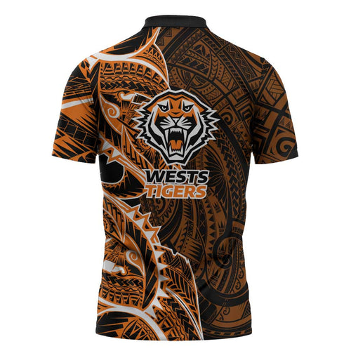 Wests Tigers Zipper Polo Shirt Polynesian Tribal Tattoo Pacific Sport Art
