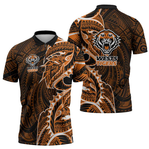 Wests Tigers Zipper Polo Shirt Polynesian Tribal Tattoo Pacific Sport Art