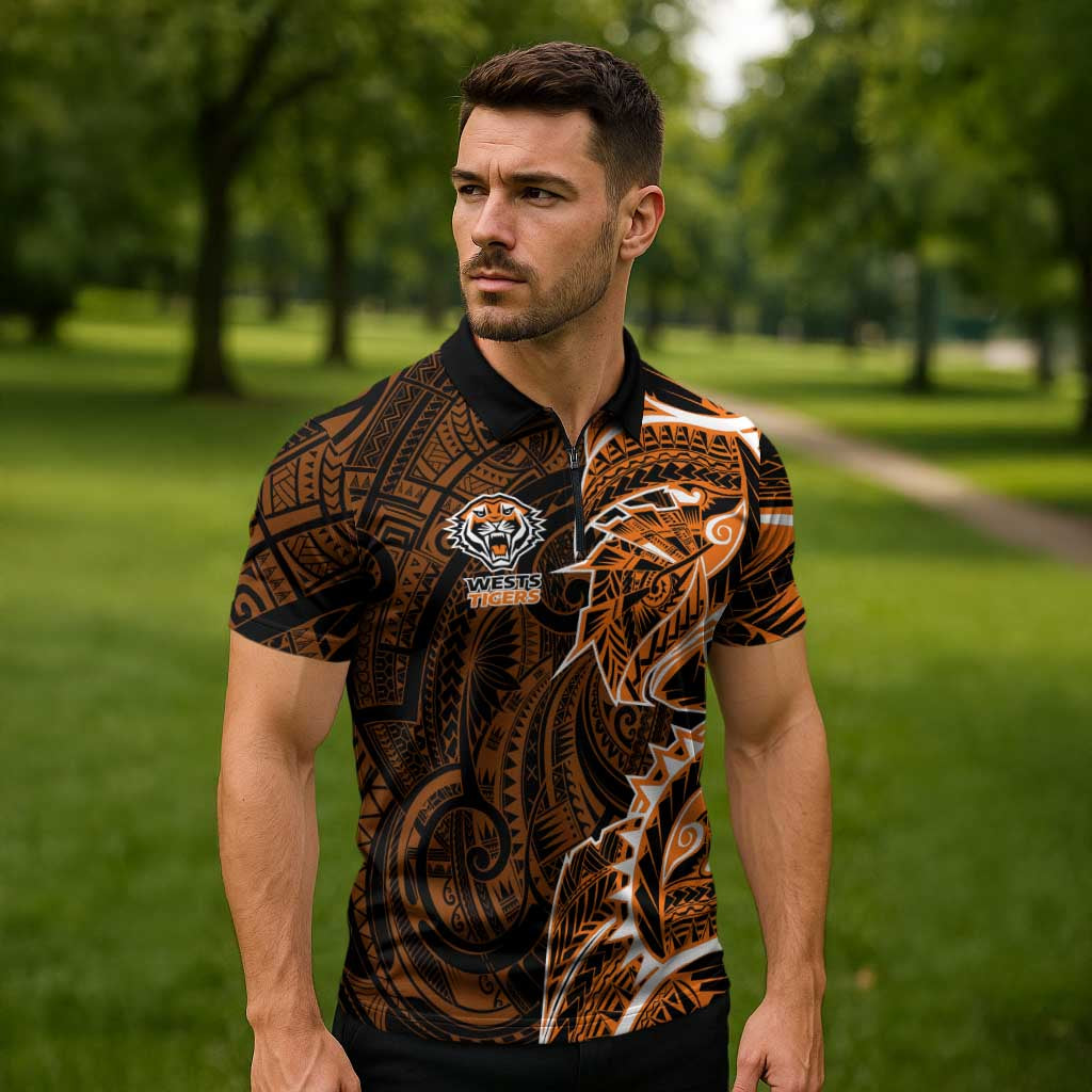 Wests Tigers Zipper Polo Shirt Polynesian Tribal Tattoo Pacific Sport Art