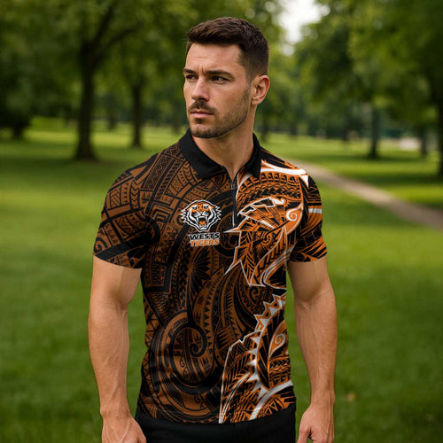 Wests Tigers Zipper Polo Shirt Polynesian Tribal Tattoo Pacific Sport Art