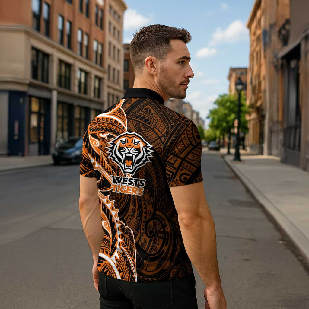 Wests Tigers Zipper Polo Shirt Polynesian Tribal Tattoo Pacific Sport Art