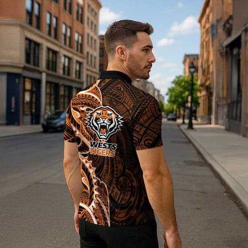 Wests Tigers Zipper Polo Shirt Polynesian Tribal Tattoo Pacific Sport Art
