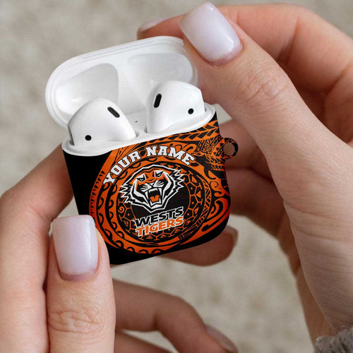 Personalized Wests Tigers AirPods Case Polynesian Tribal Chest and Sleeve Tattoo