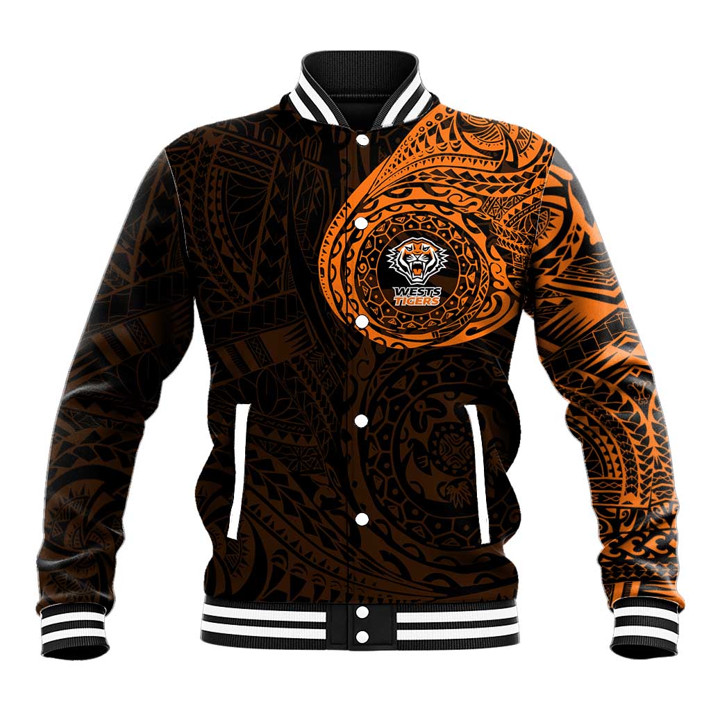 Personalized Wests Tigers Baseball Jacket Polynesian Tribal Chest and Sleeve Tattoo