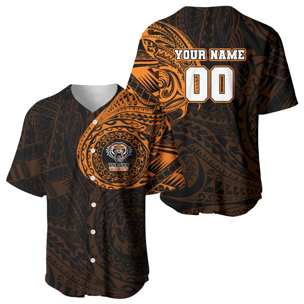Personalized Wests Tigers Baseball Jersey Polynesian Tribal Chest and Sleeve Tattoo