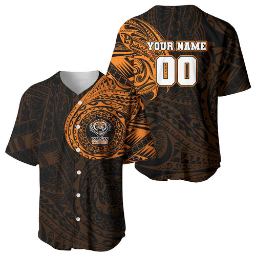 Personalized Wests Tigers Baseball Jersey Polynesian Tribal Chest and Sleeve Tattoo