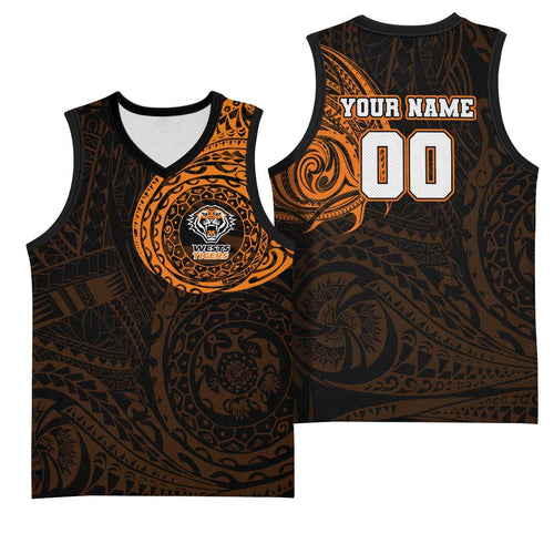 Personalized Wests Tigers Basketball Jersey Polynesian Tribal Chest and Sleeve Tattoo