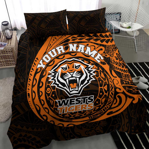 Personalized Wests Tigers Bedding Set Polynesian Tribal Chest and Sleeve Tattoo