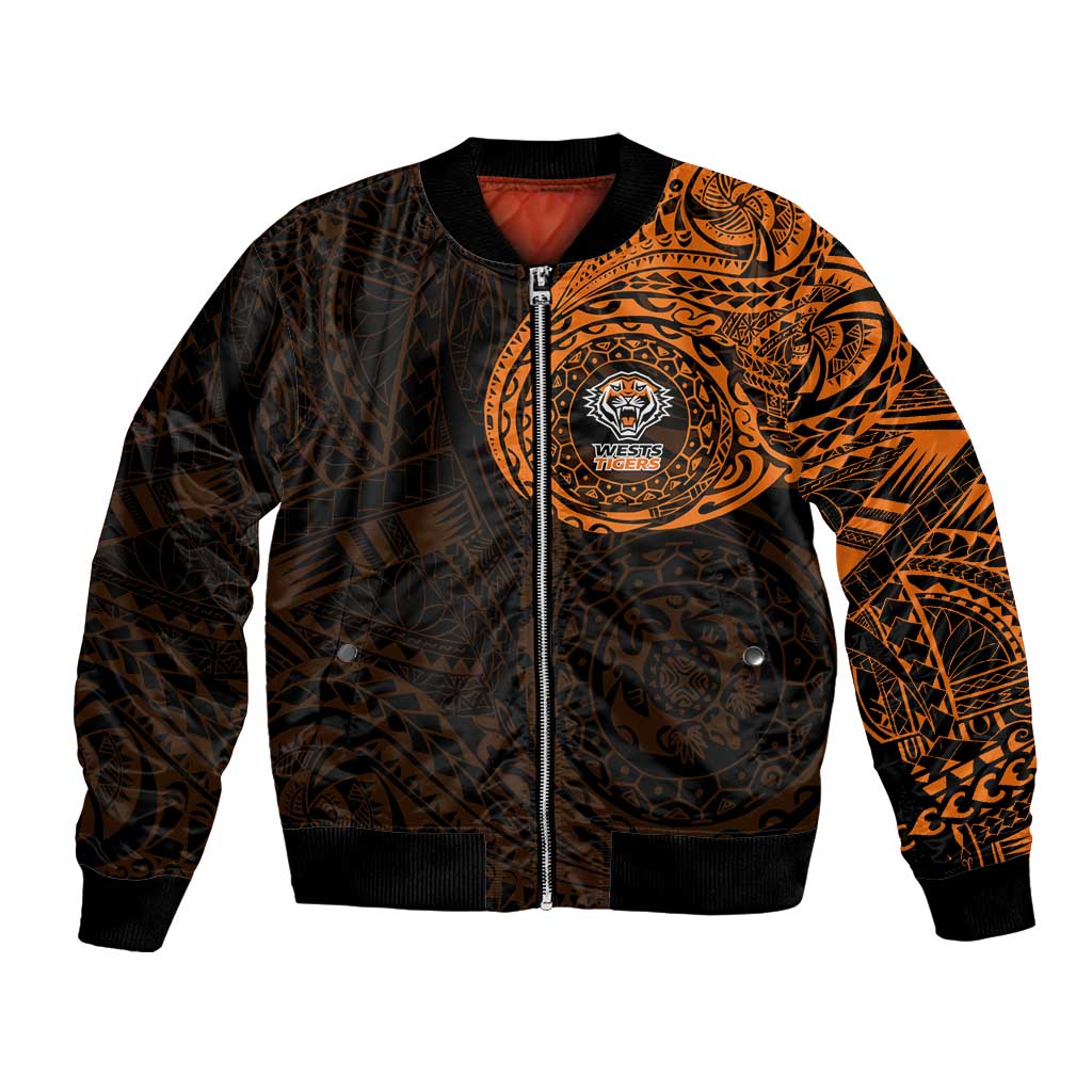 Personalized Wests Tigers Bomber Jacket Polynesian Tribal Chest and Sleeve Tattoo