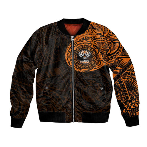 Personalized Wests Tigers Bomber Jacket Polynesian Tribal Chest and Sleeve Tattoo