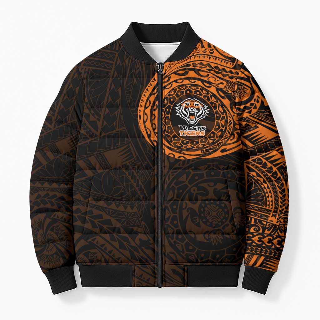 Personalized Wests Tigers Bomber Puffer Jacket Polynesian Tribal Chest and Sleeve Tattoo