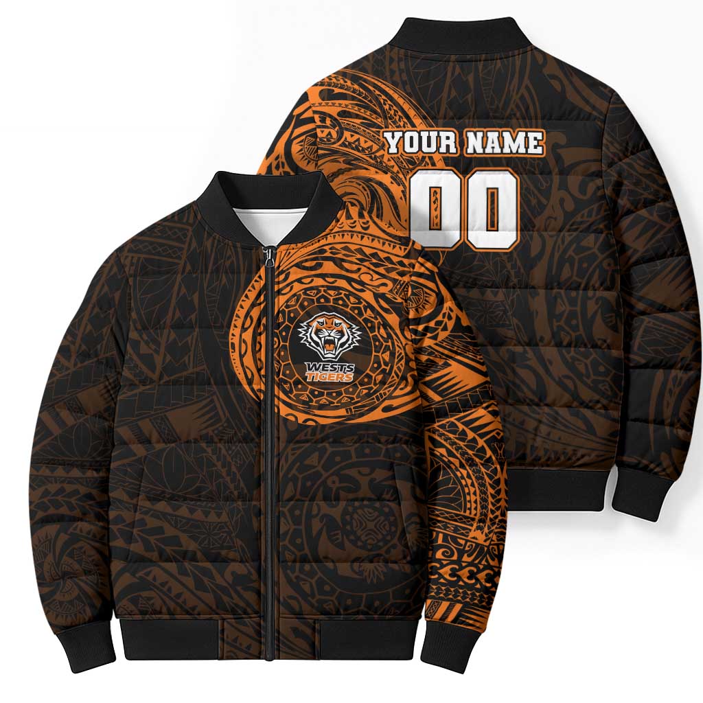 Personalized Wests Tigers Bomber Puffer Jacket Polynesian Tribal Chest and Sleeve Tattoo