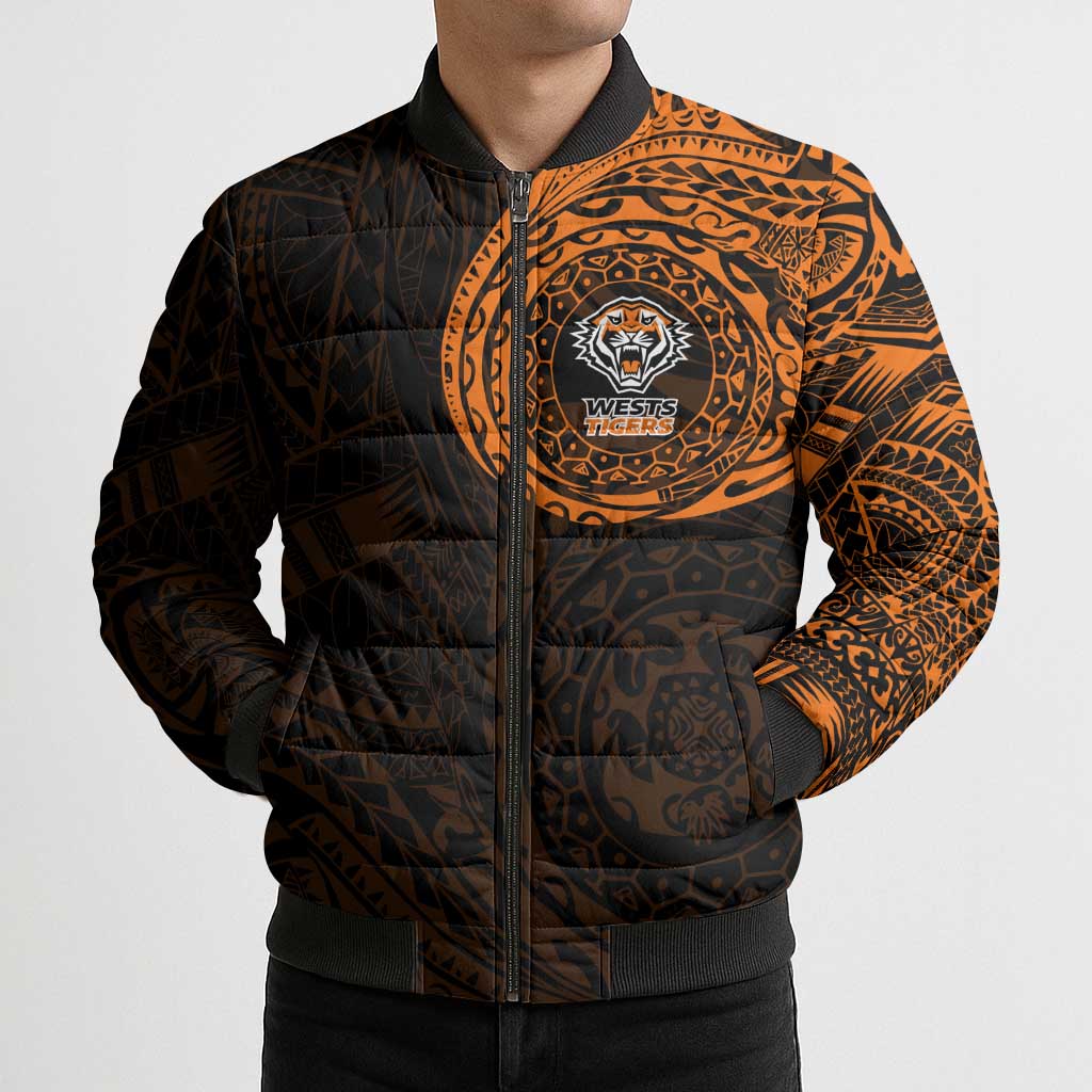 Personalized Wests Tigers Bomber Puffer Jacket Polynesian Tribal Chest and Sleeve Tattoo