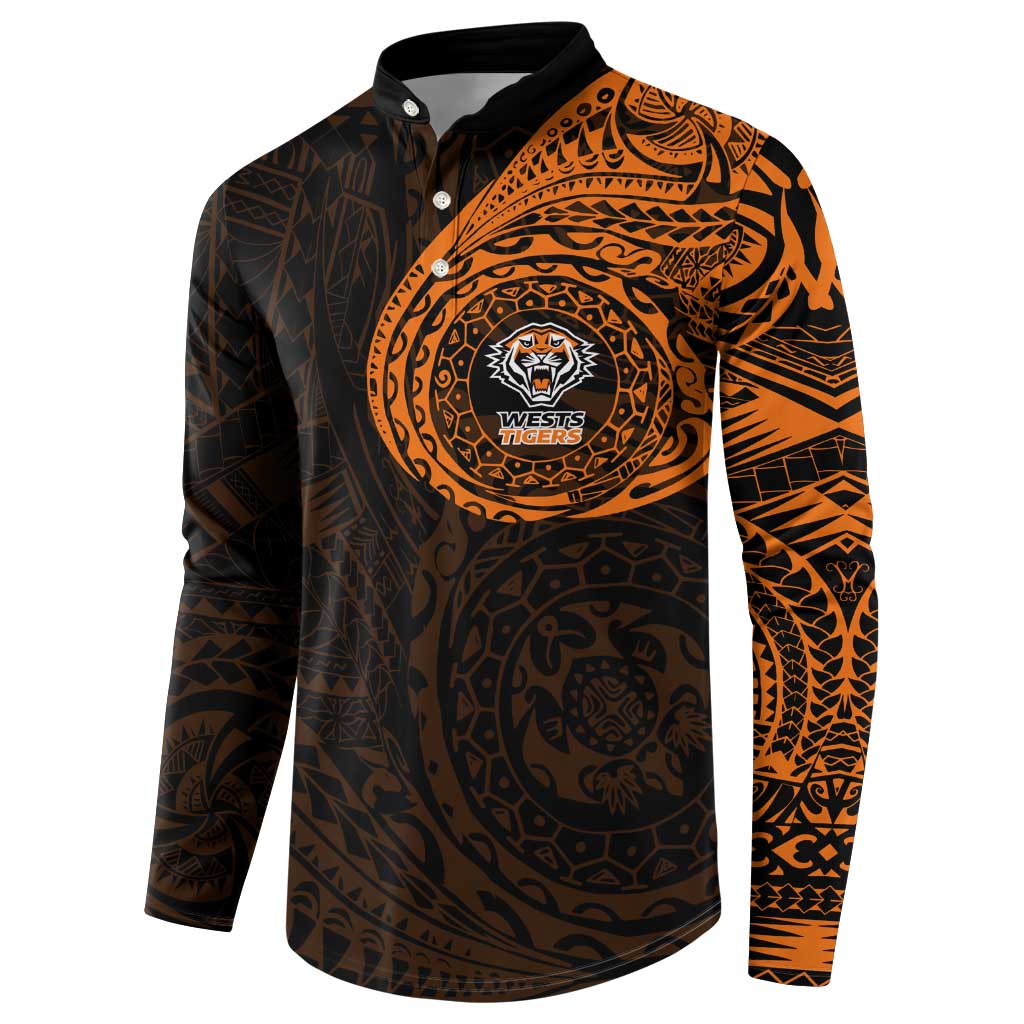 Personalized Wests Tigers Button Sweatshirt Polynesian Tribal Chest and Sleeve Tattoo