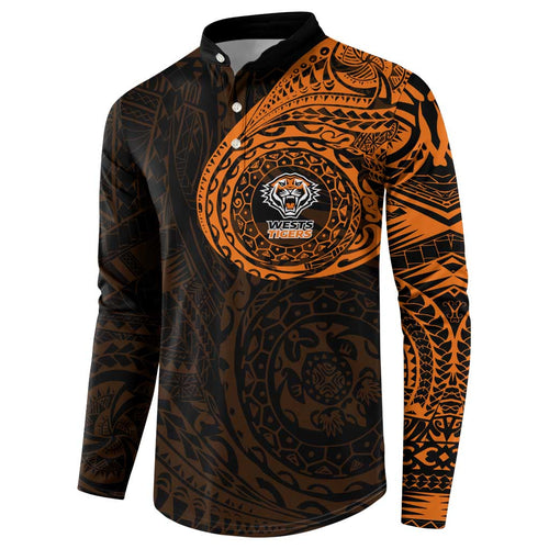 Personalized Wests Tigers Button Sweatshirt Polynesian Tribal Chest and Sleeve Tattoo