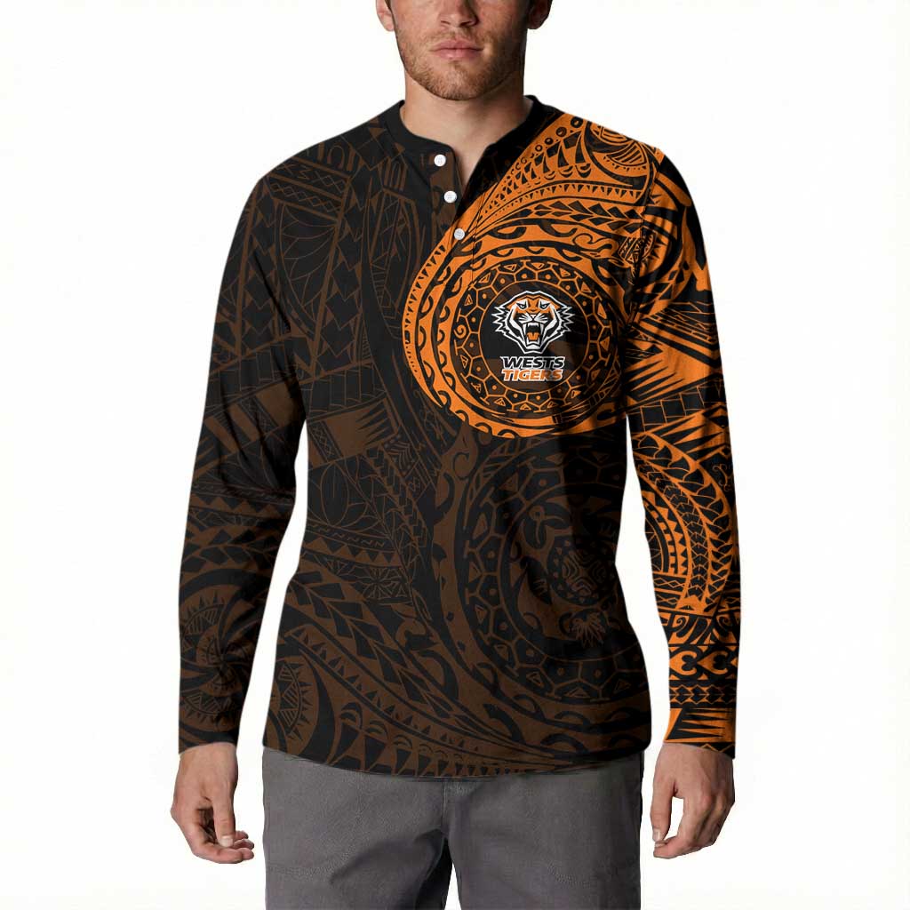 Personalized Wests Tigers Button Sweatshirt Polynesian Tribal Chest and Sleeve Tattoo