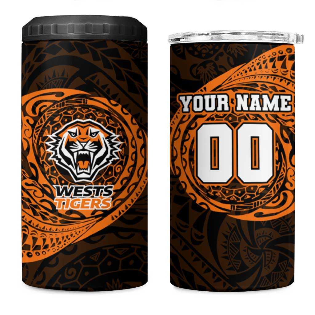 Personalized Wests Tigers 4 in 1 Can Cooler Tumbler Polynesian Tribal Chest and Sleeve Tattoo