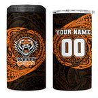Personalized Wests Tigers 4 in 1 Can Cooler Tumbler Polynesian Tribal Chest and Sleeve Tattoo
