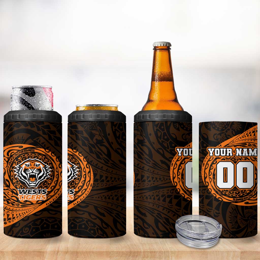 Personalized Wests Tigers 4 in 1 Can Cooler Tumbler Polynesian Tribal Chest and Sleeve Tattoo