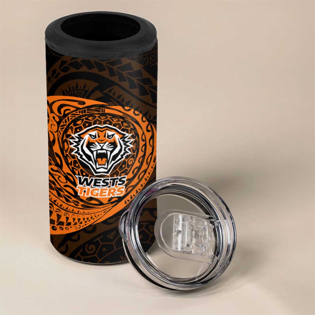 Personalized Wests Tigers 4 in 1 Can Cooler Tumbler Polynesian Tribal Chest and Sleeve Tattoo