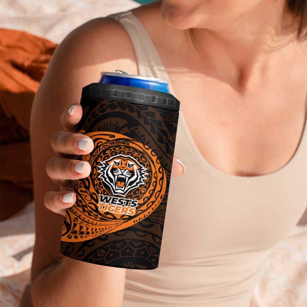 Personalized Wests Tigers 4 in 1 Can Cooler Tumbler Polynesian Tribal Chest and Sleeve Tattoo