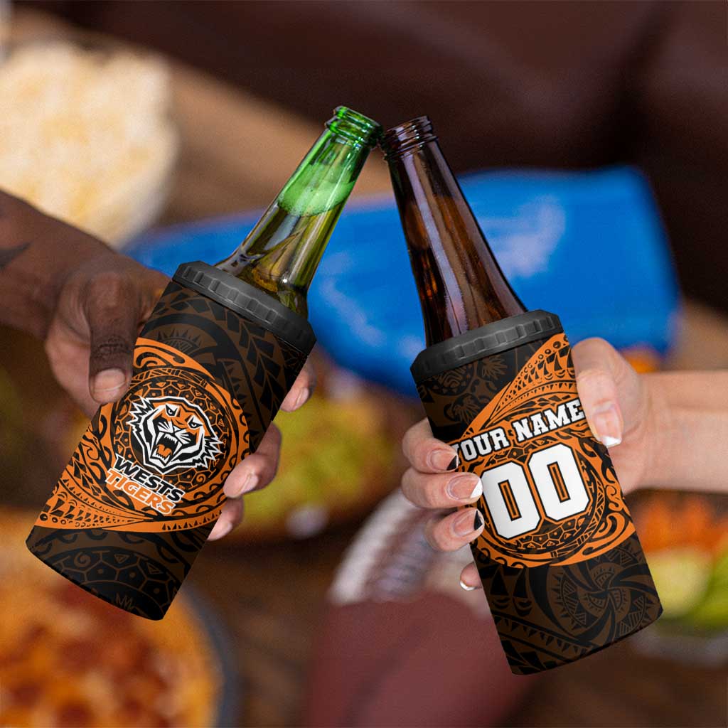 Personalized Wests Tigers 4 in 1 Can Cooler Tumbler Polynesian Tribal Chest and Sleeve Tattoo
