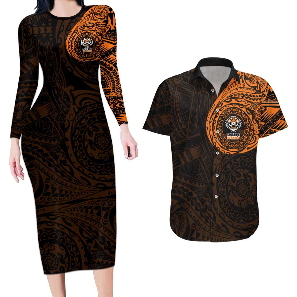 Personalized Wests Tigers Couples Matching Long Sleeve Bodycon Dress and Hawaiian Shirt Polynesian Tribal Chest and Sleeve Tattoo