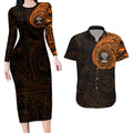 Personalized Wests Tigers Couples Matching Long Sleeve Bodycon Dress and Hawaiian Shirt Polynesian Tribal Chest and Sleeve Tattoo