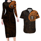 Personalized Wests Tigers Couples Matching Long Sleeve Bodycon Dress and Hawaiian Shirt Polynesian Tribal Chest and Sleeve Tattoo