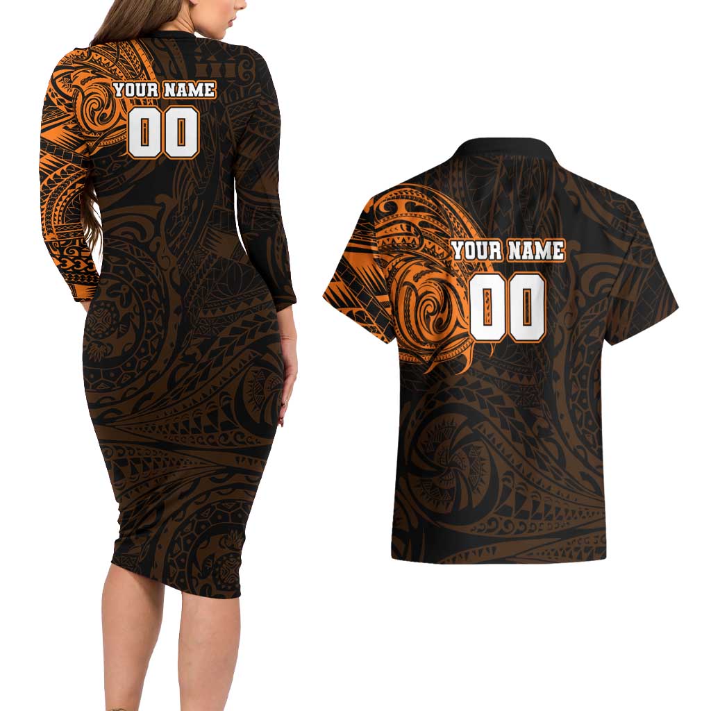 Personalized Wests Tigers Couples Matching Long Sleeve Bodycon Dress and Hawaiian Shirt Polynesian Tribal Chest and Sleeve Tattoo
