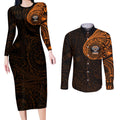 Personalized Wests Tigers Couples Matching Long Sleeve Bodycon Dress and Long Sleeve Button Shirt Polynesian Tribal Chest and Sleeve Tattoo