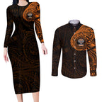 Personalized Wests Tigers Couples Matching Long Sleeve Bodycon Dress and Long Sleeve Button Shirt Polynesian Tribal Chest and Sleeve Tattoo