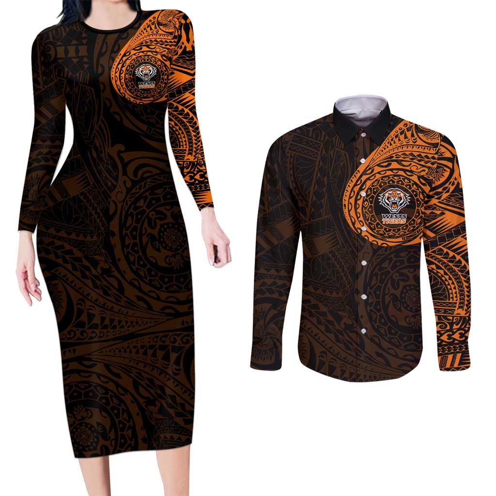 Personalized Wests Tigers Couples Matching Long Sleeve Bodycon Dress and Long Sleeve Button Shirt Polynesian Tribal Chest and Sleeve Tattoo