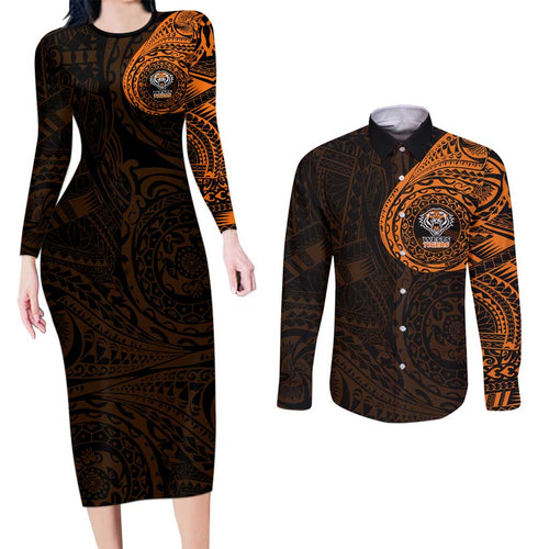 Personalized Wests Tigers Couples Matching Long Sleeve Bodycon Dress and Long Sleeve Button Shirt Polynesian Tribal Chest and Sleeve Tattoo
