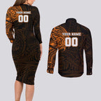 Personalized Wests Tigers Couples Matching Long Sleeve Bodycon Dress and Long Sleeve Button Shirt Polynesian Tribal Chest and Sleeve Tattoo