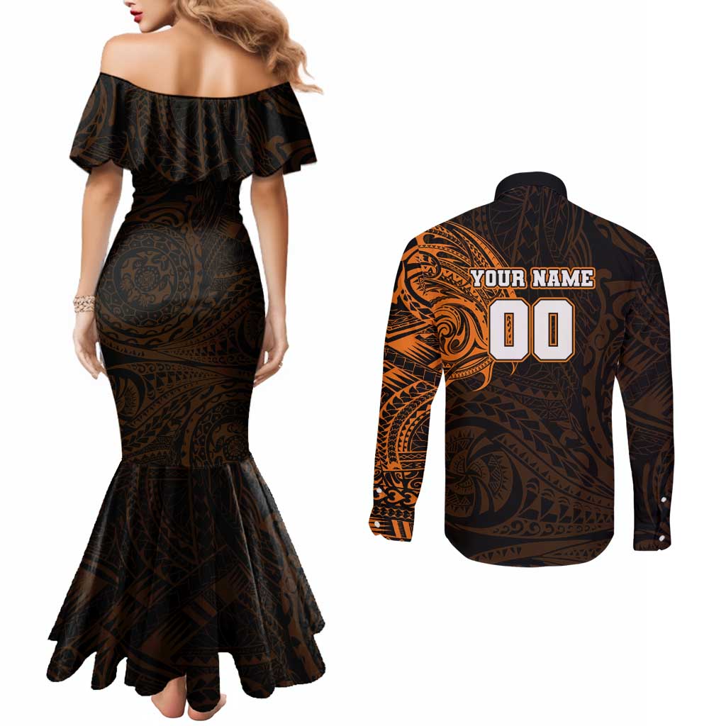 Personalized Wests Tigers Couples Matching Mermaid Dress and Long Sleeve Button Shirt Polynesian Tribal Chest and Sleeve Tattoo
