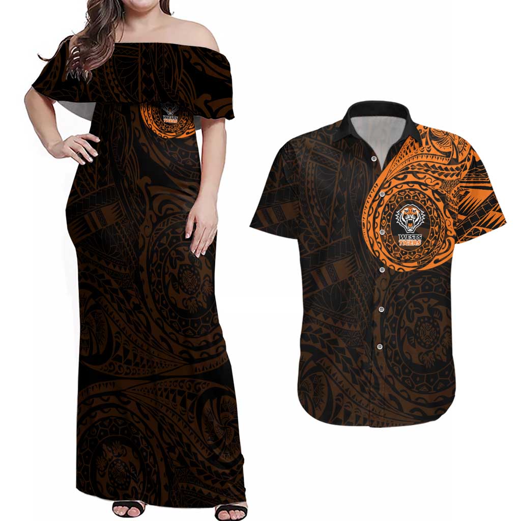 Personalized Wests Tigers Couples Matching Off Shoulder Maxi Dress and Hawaiian Shirt Polynesian Tribal Chest and Sleeve Tattoo