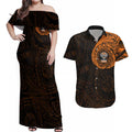 Personalized Wests Tigers Couples Matching Off Shoulder Maxi Dress and Hawaiian Shirt Polynesian Tribal Chest and Sleeve Tattoo