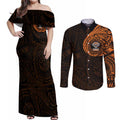Personalized Wests Tigers Couples Matching Off Shoulder Maxi Dress and Long Sleeve Button Shirt Polynesian Tribal Chest and Sleeve Tattoo