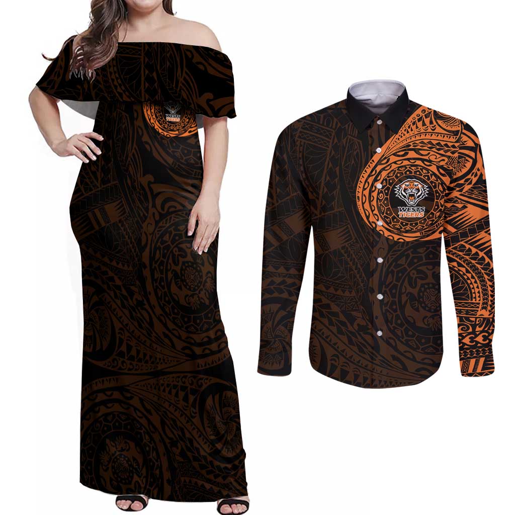 Personalized Wests Tigers Couples Matching Off Shoulder Maxi Dress and Long Sleeve Button Shirt Polynesian Tribal Chest and Sleeve Tattoo