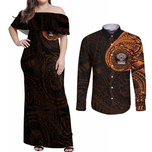 Personalized Wests Tigers Couples Matching Off Shoulder Maxi Dress and Long Sleeve Button Shirt Polynesian Tribal Chest and Sleeve Tattoo