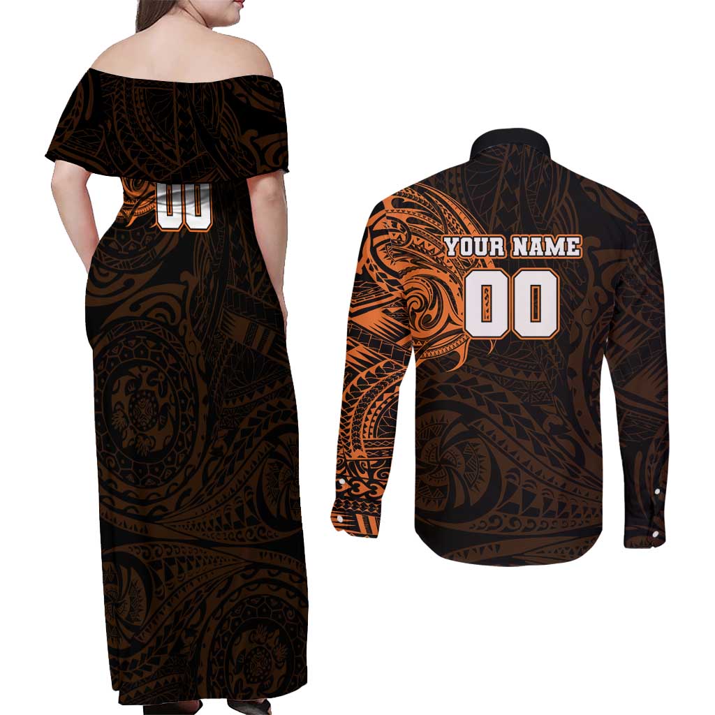 Personalized Wests Tigers Couples Matching Off Shoulder Maxi Dress and Long Sleeve Button Shirt Polynesian Tribal Chest and Sleeve Tattoo