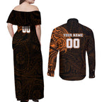 Personalized Wests Tigers Couples Matching Off Shoulder Maxi Dress and Long Sleeve Button Shirt Polynesian Tribal Chest and Sleeve Tattoo